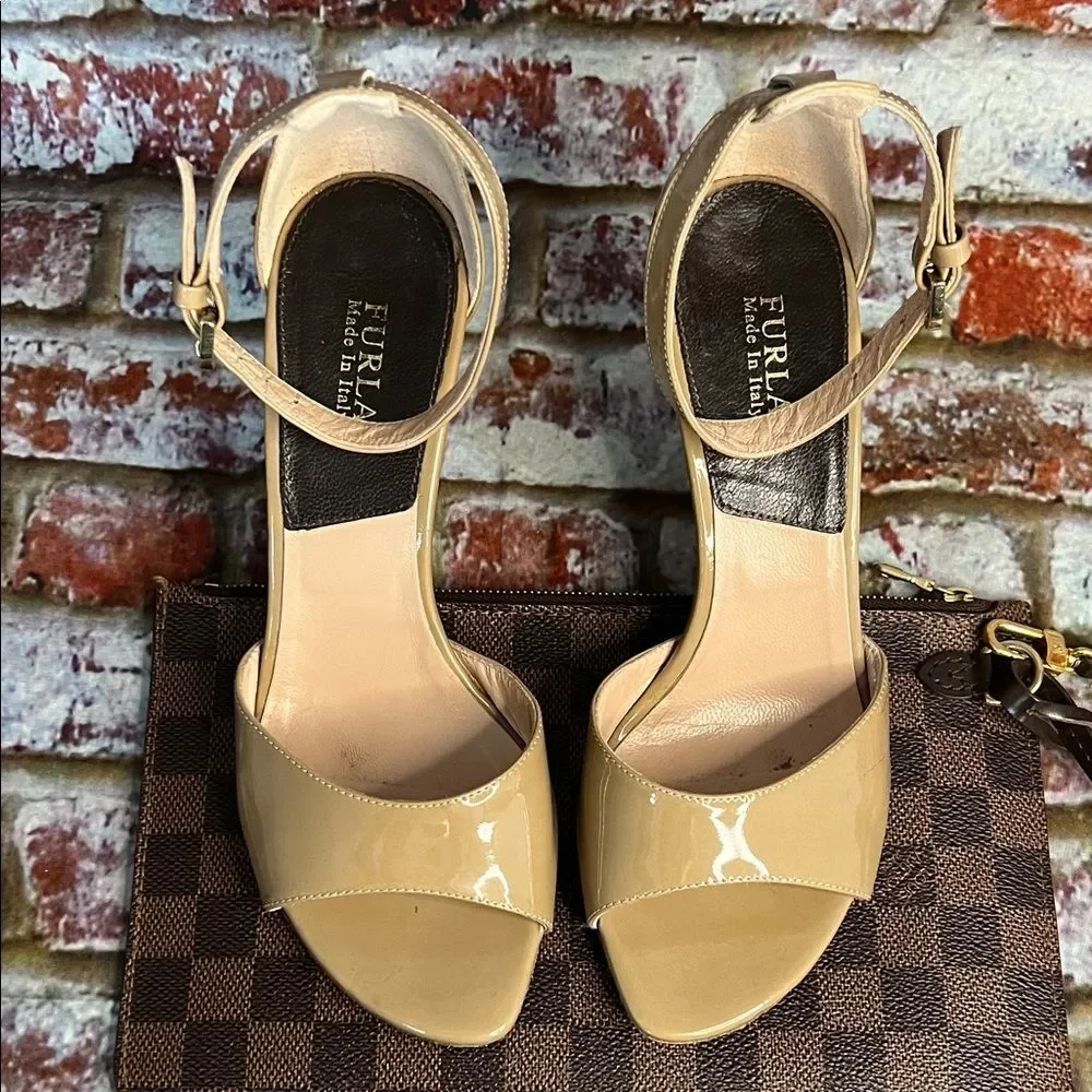 * Furla Nude Patent Leather Open-Toe Heels